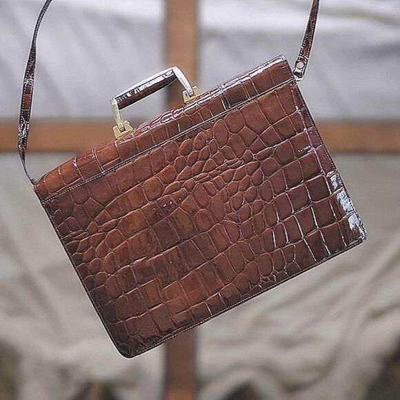 Vtg 80s chestnut croc embossed patent leather shoulder satchel - Picture 2 of 15